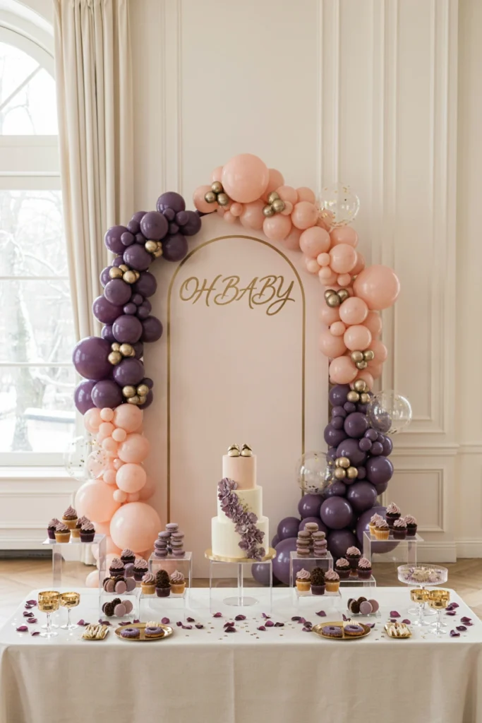 Pastel pink and purple Sugar Plum baby shower dessert table with gold accents