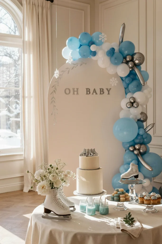 Icy blue and silver ice skating baby shower decoration setup