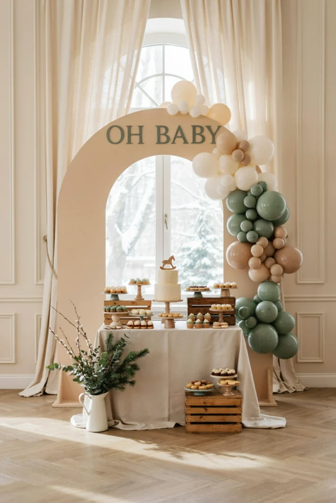 Cream linens and galvanized metal buckets filled with greenery on a wood table