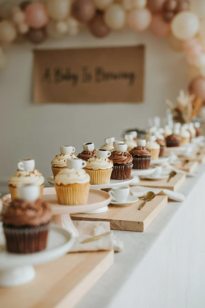 Vanilla and chocolate cupcakes for a coffee themed baby shower