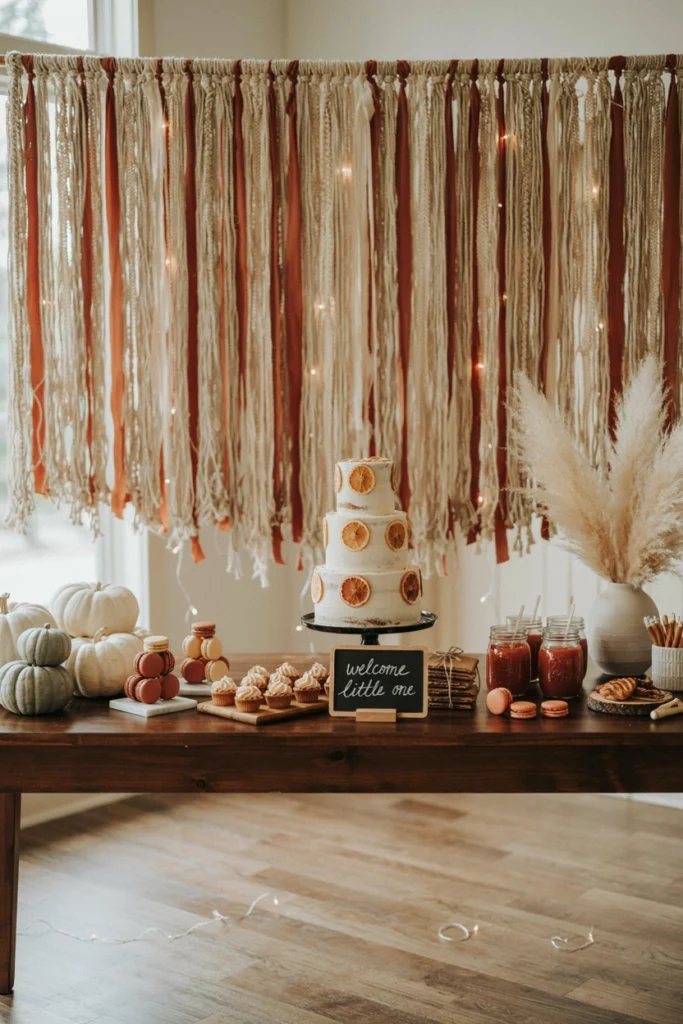 A tan and rust fringe backdrop with warm string lights woven through, set behind a dessert table