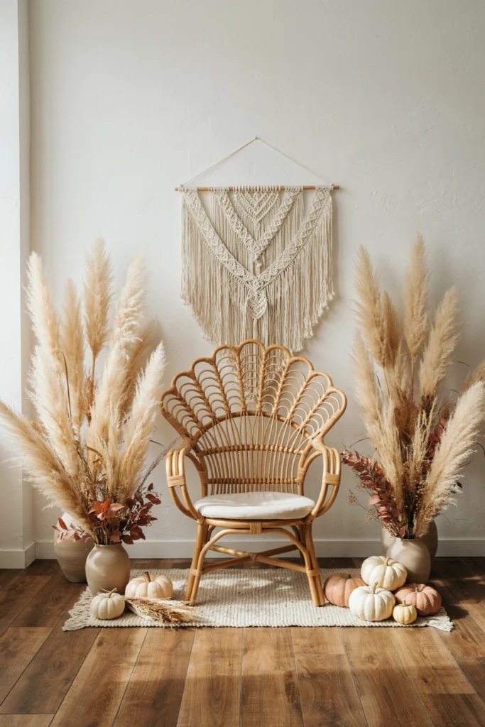A large macrame wall hanging paired with tall stems of dried pampas grass framing a seating area