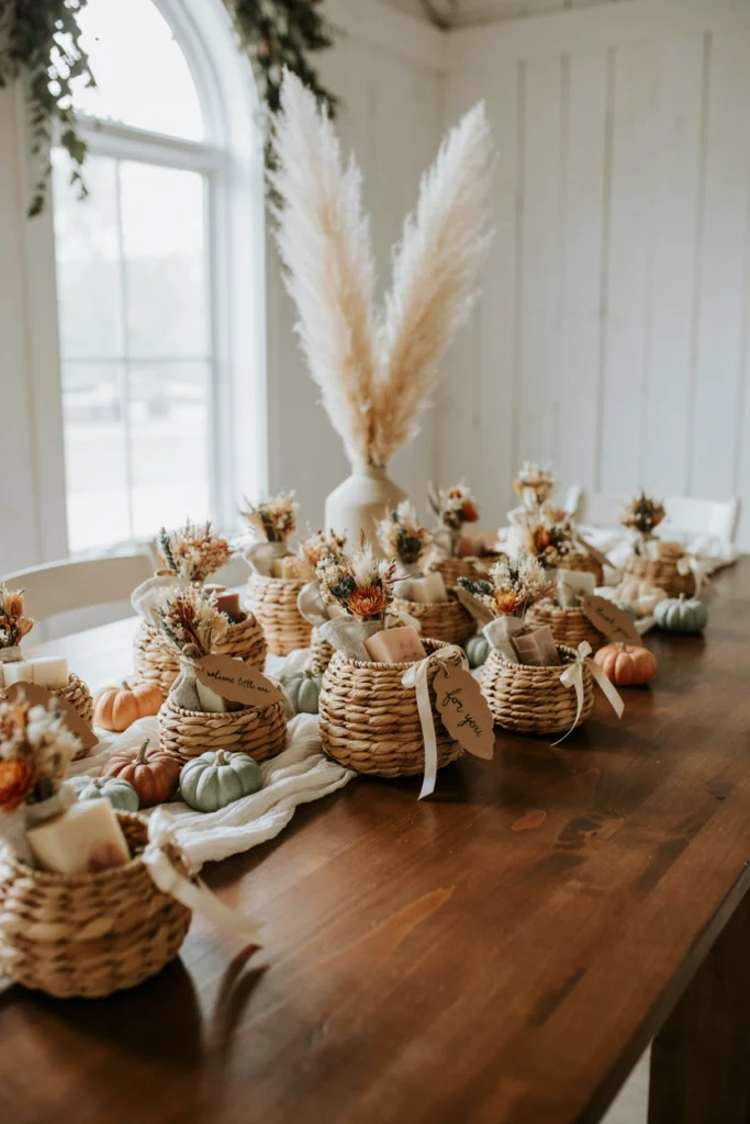 Small woven baskets filled with mini candles and dried flower bundles arranged as take-home favors