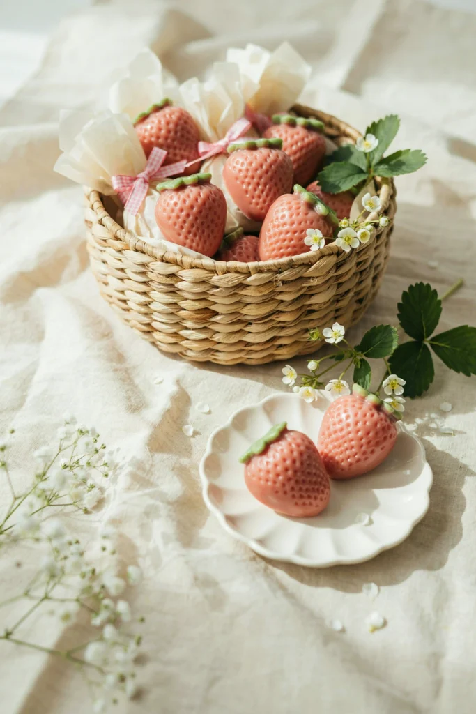 Small handmade soaps molded into strawberry shapes wrapped in tissue paper