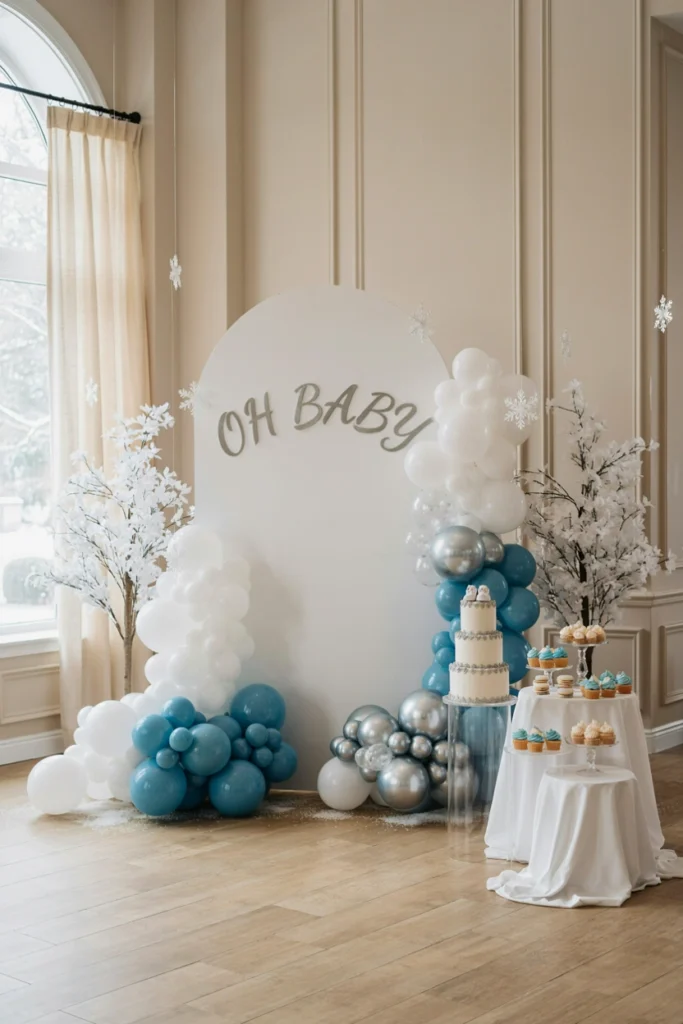 All-white balloon arch with icy blue accents and faux snow scattered across a Winter Wonderland baby shower dessert table