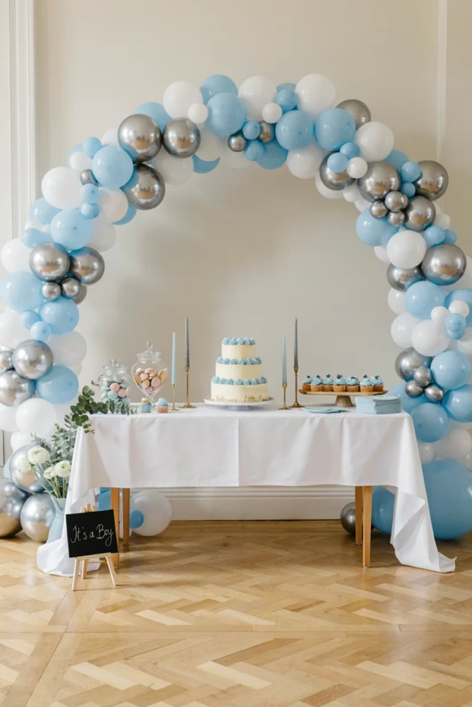 Simple powder blue and silver balloon arch in a clean, timeless indoor setting