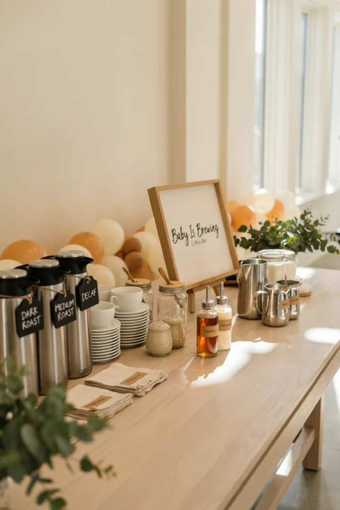 Coffee bar station with labeled signs at a baby shower