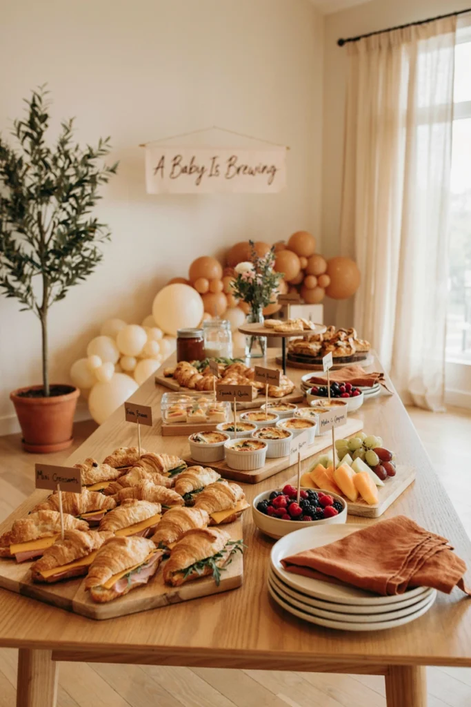 Coffeehouse brunch buffet with croissant sandwiches, quiches and fresh fruit