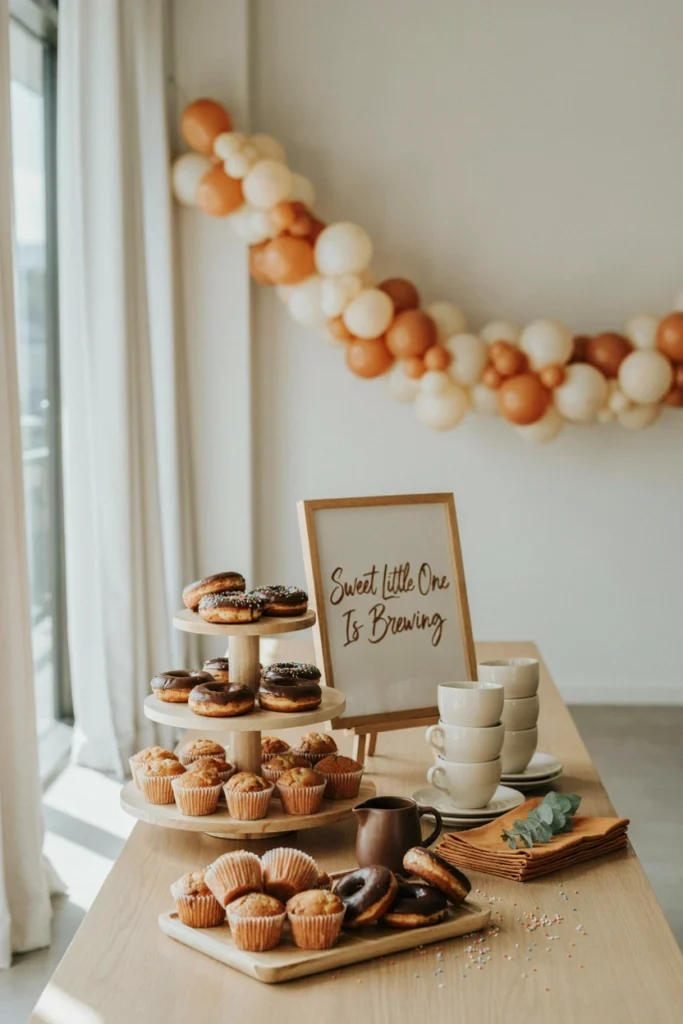 Coffee themed dessert table with donuts, muffins and pastries