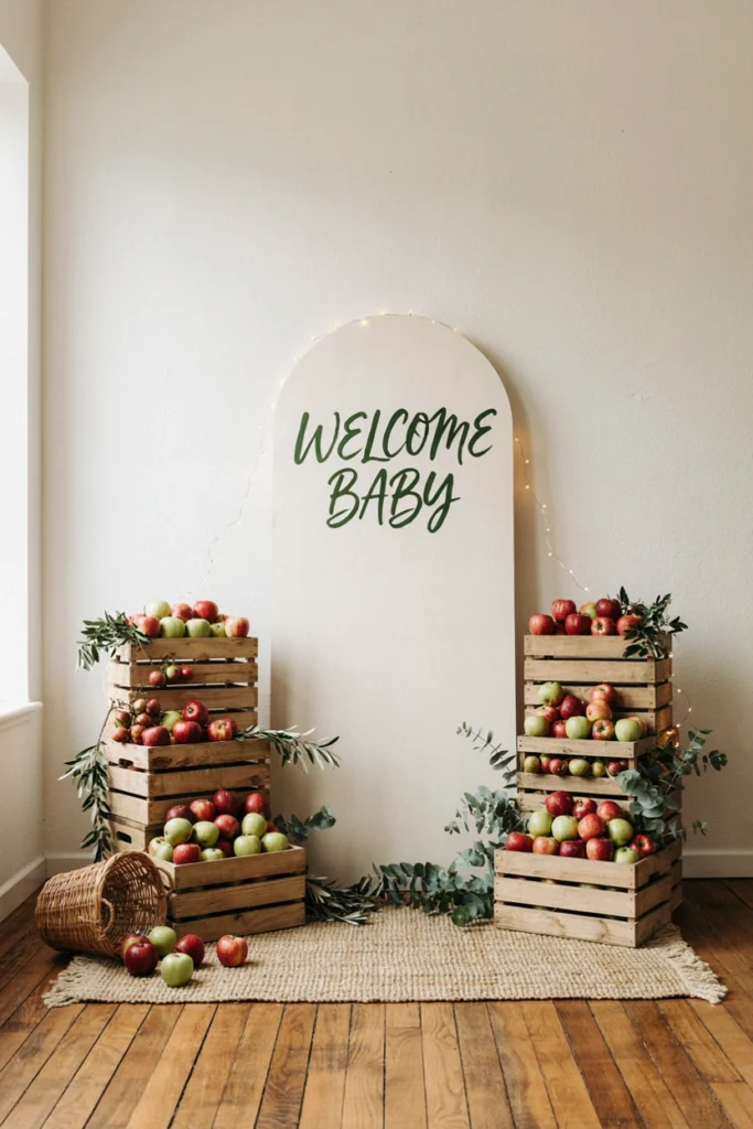 A backdrop built from stacked wooden crates filled with red apples, framed by string lights