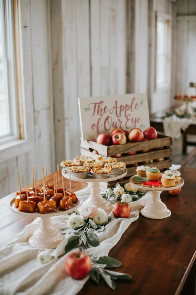 A dessert table featuring mini apple pies, caramel apple slices, and a hand-painted sign reading the theme phrase