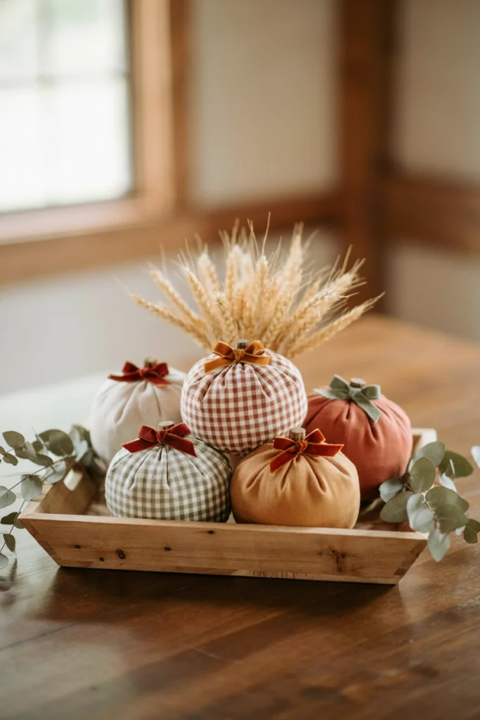 Small foam pumpkins wrapped in fabric scraps and ribbon, clustered as an inexpensive centerpiece