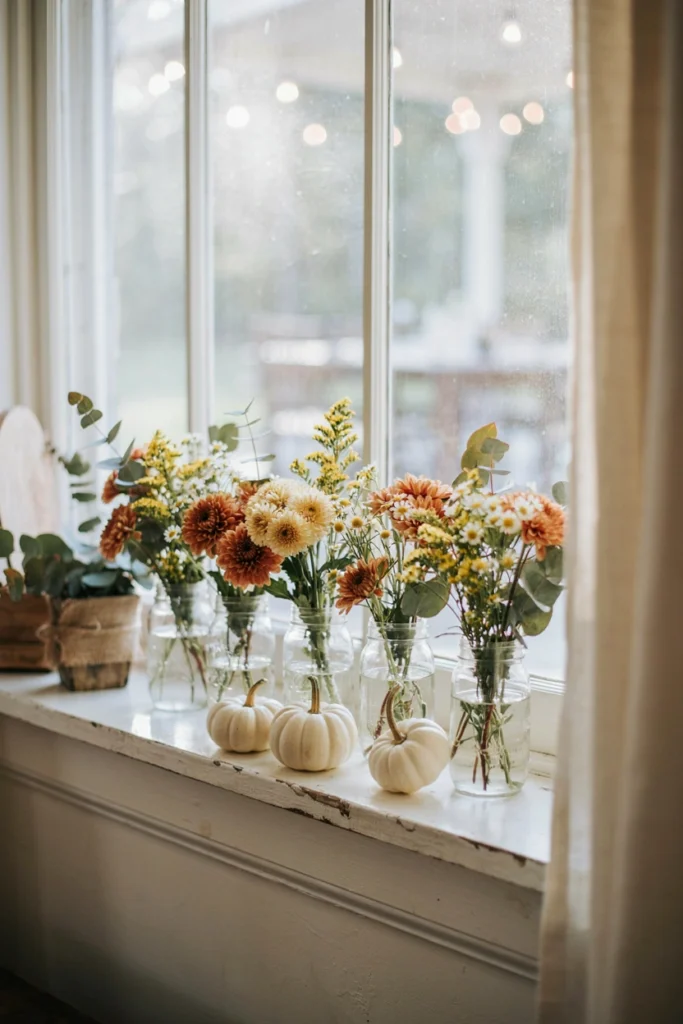 Simple mason jars filled with grocery store mums and greenery lining a windowsill