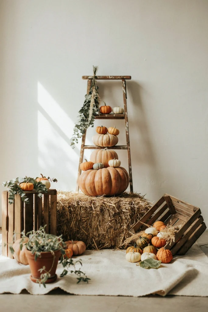 A corner set up with hay bales, a wooden ladder, and an assortment of pumpkins in graduating sizes for a photo op