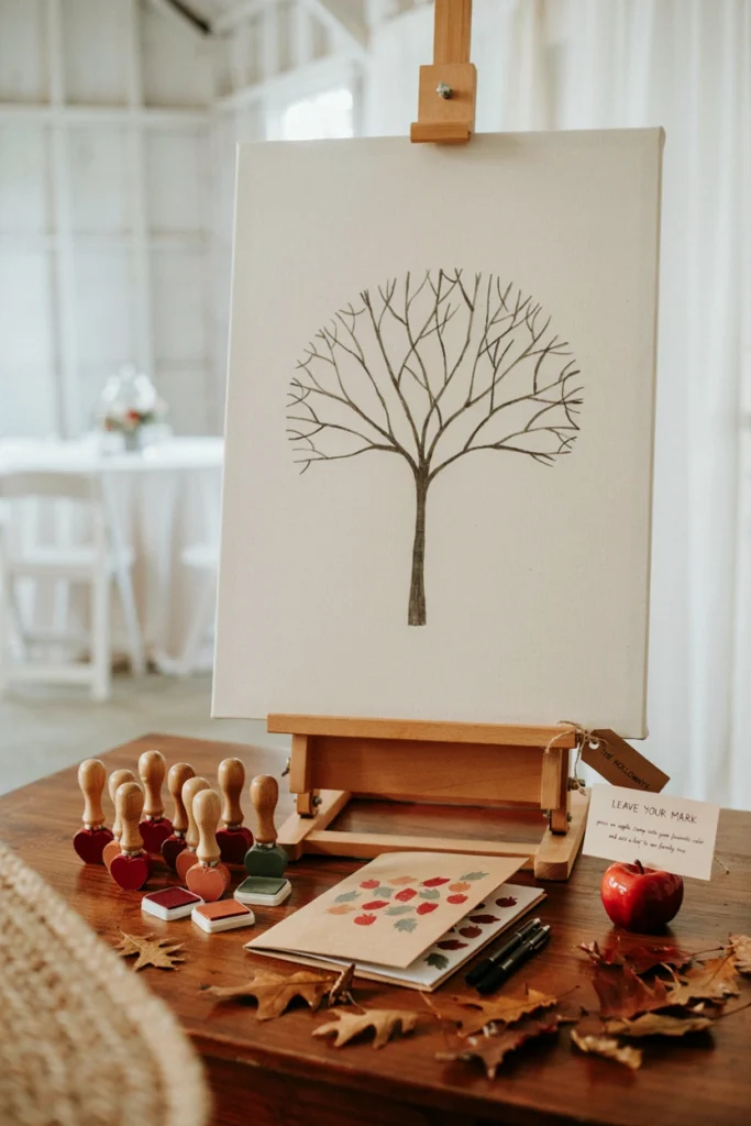 A canvas printed with a bare tree outline where guests press apple-shaped stamps and sign their names as 'leaves'