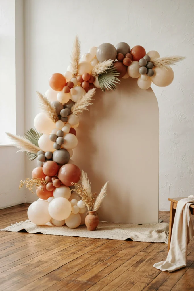 An organic balloon garland in cream, terracotta, and sage arranged with dried grasses tucked between the balloons