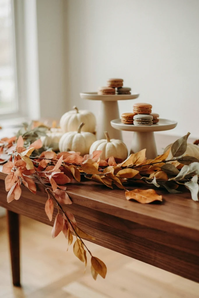 A garland made of faux fall leaf stems wired together and draped along a mantel or table edge