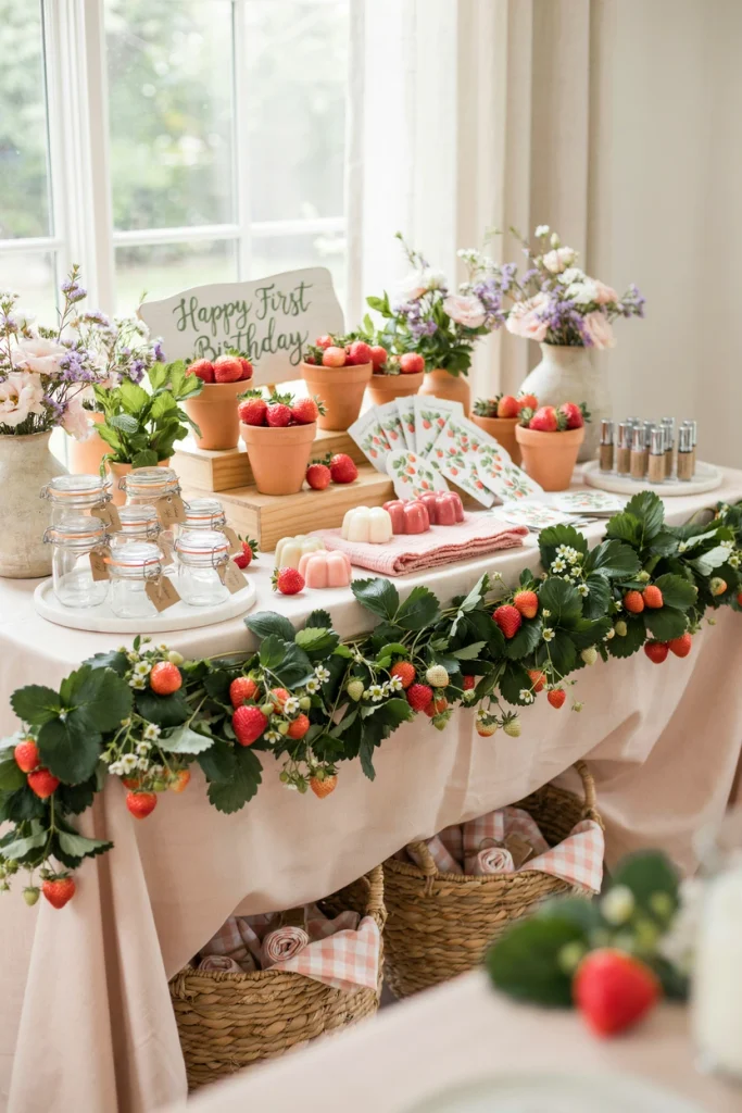 Party favor table with the edge wrapped in faux berry vine garland