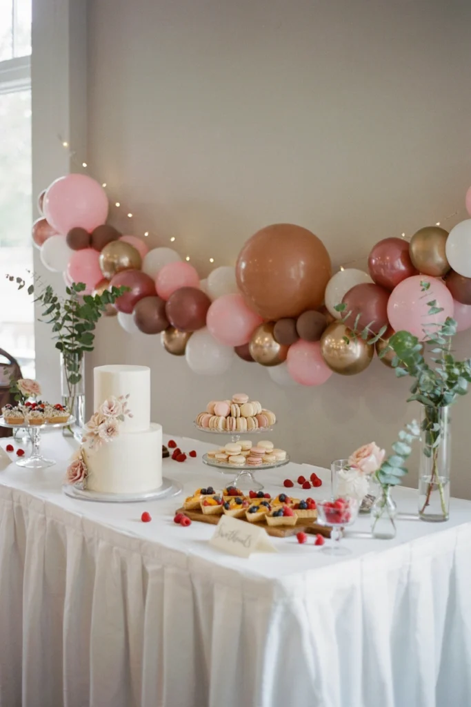 Balloon garland draped flat along a dessert table instead of arched upward