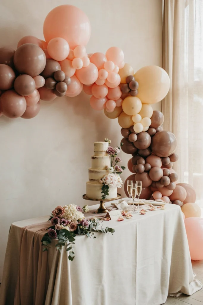Romantic blush, mauve, and champagne balloon arch over a floral dessert table