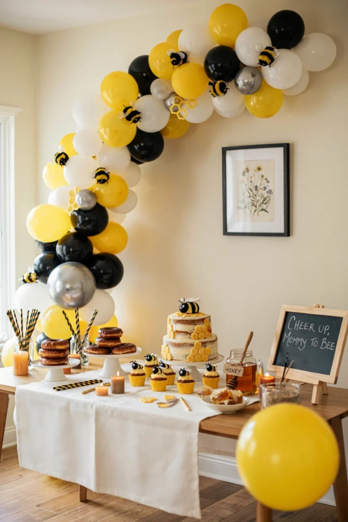 Yellow, black, and white balloon arch with bee accents for a whimsical baby shower