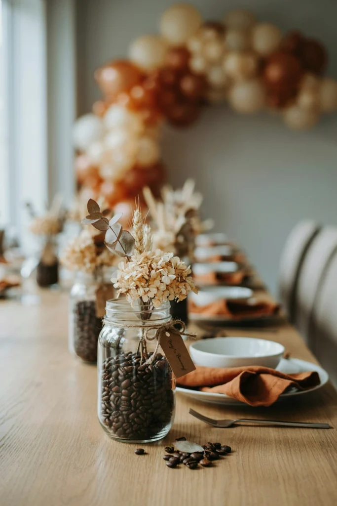 Rustic coffee bean centerpiece with dried florals and twine