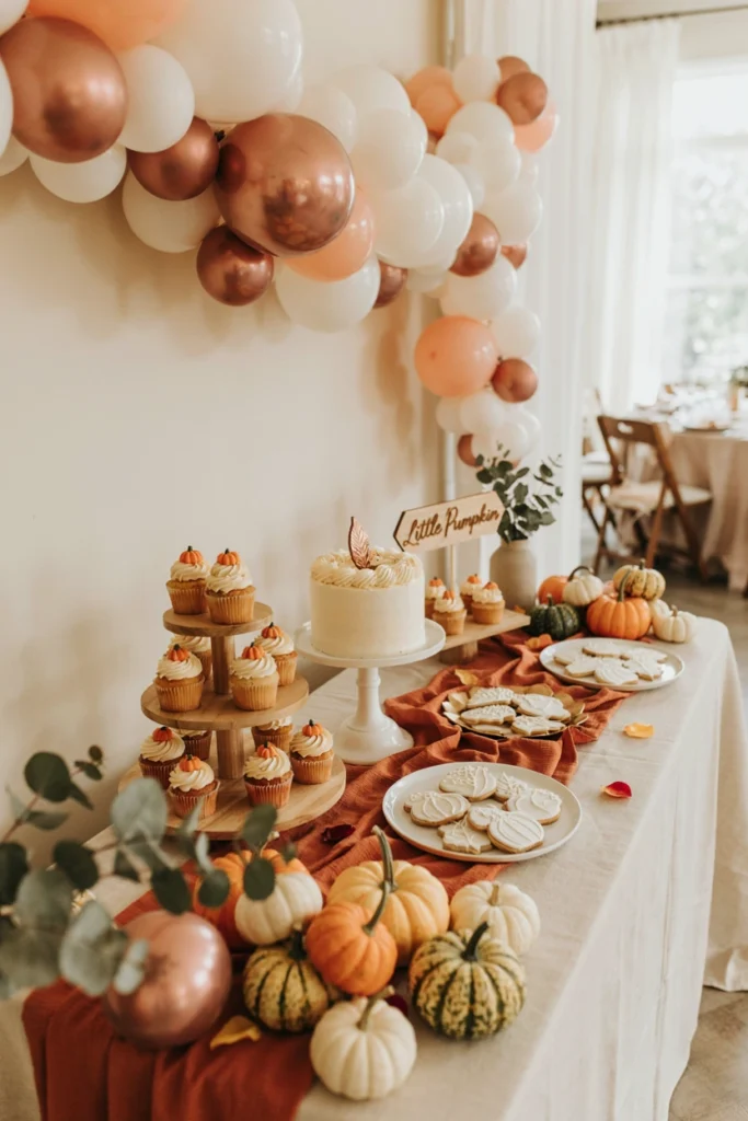 Cozy fall dessert table with a white and copper balloon garland framing homemade treats