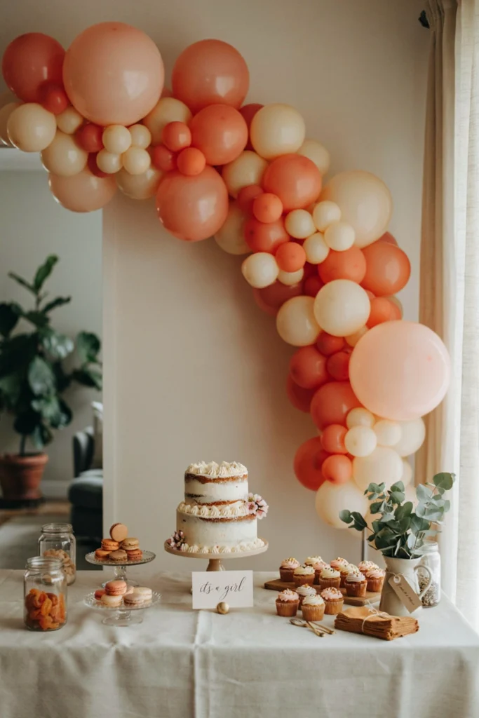 Warm peach and cream balloon arch with a soft, gentle color palette