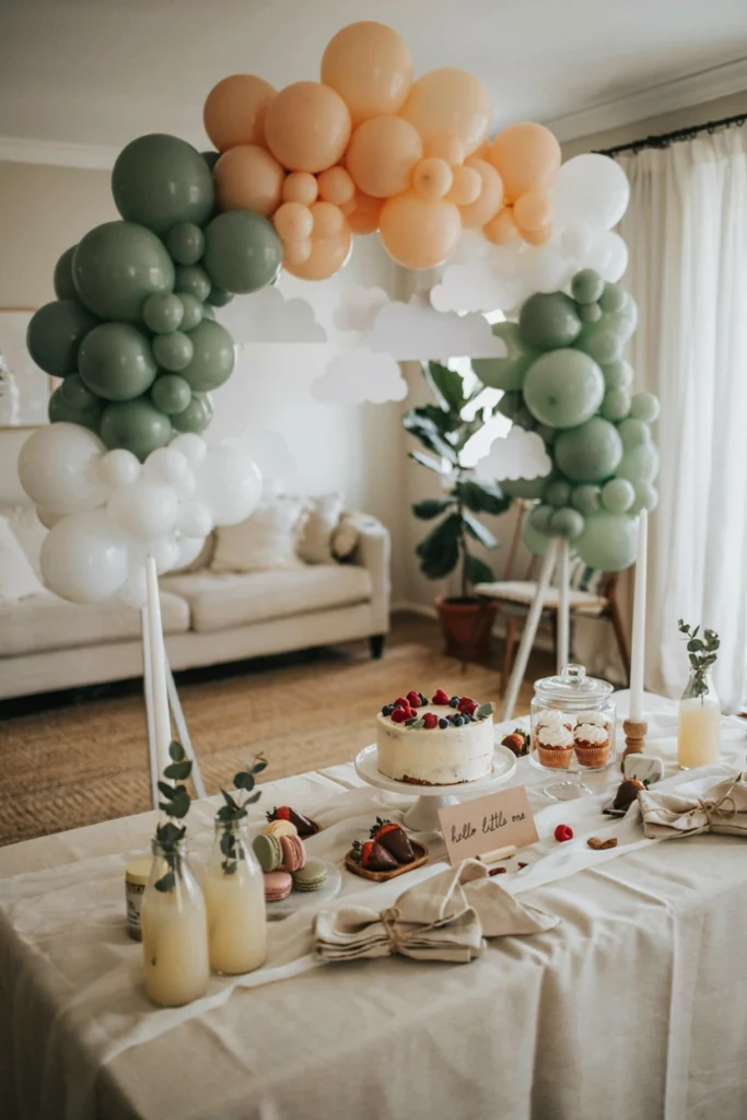 Soft sage green and cream balloon arch over a neutral nursery-themed dessert table