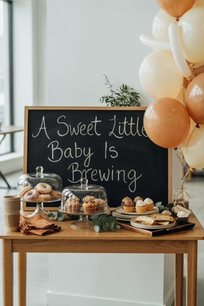 Chalkboard style dessert corner for a Baby Is Brewing baby shower