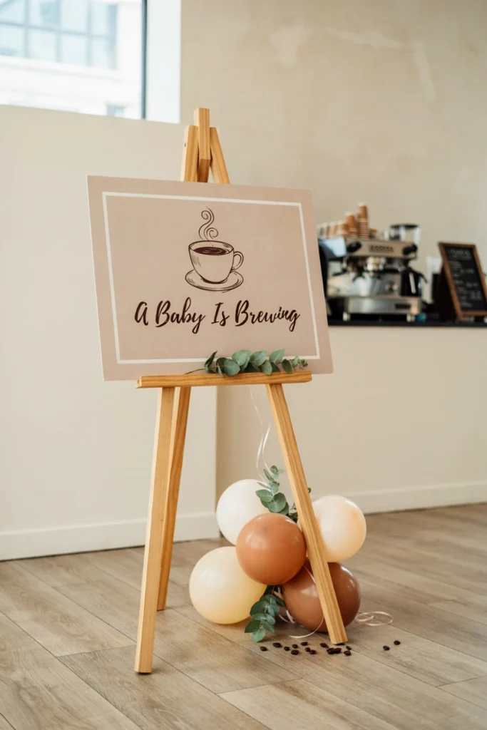Baby Is Brewing welcome sign on a wooden easel with a latte cup illustration
