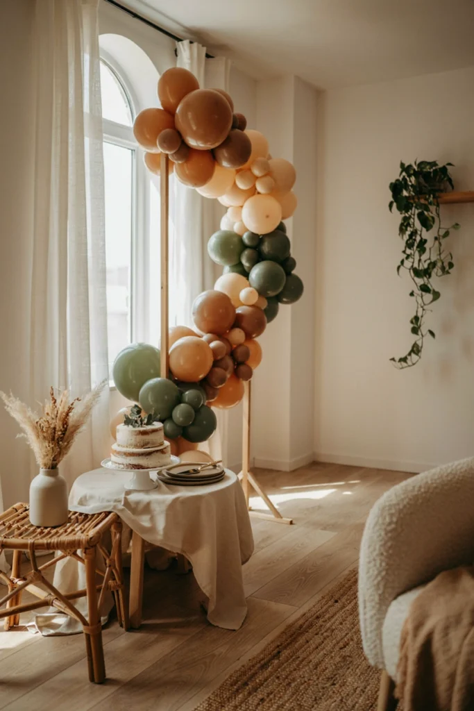 Trendy honey mustard and sage green balloon arch in a mid-century styled living room