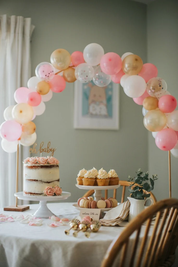 Small balloon arch sitting directly on a dessert table