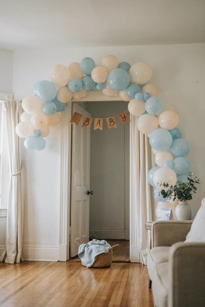 Simple two-color balloon arch strung across a doorway with no stand