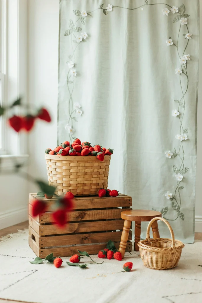 Berry picking basket photo prop station with a wooden crate backdrop