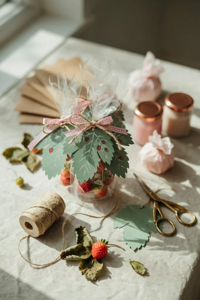 Small green leaf-shaped tags with handwritten thank you notes attached to favors