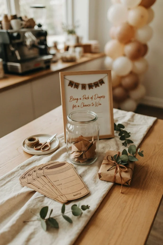 Coffee themed diaper raffle tickets and sign