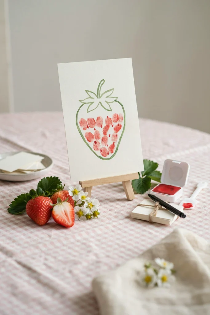 Guests pressing red thumbprints onto a printed strawberry outline guest book