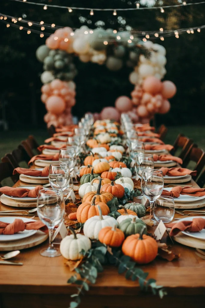 Table runner styled with small gourds, pumpkins, and taper candles for an evening shower