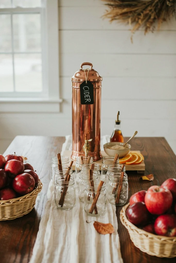 A drink station with a large copper cider dispenser, cinnamon stick stirrers, and mason jar mugs