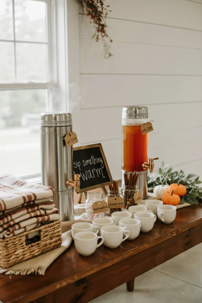 A drink station with hot cocoa, cider, marshmallows, and a stack of folded flannel blankets guests can grab