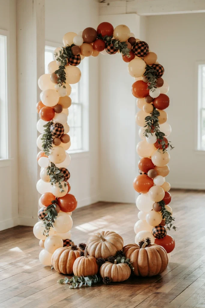 A balloon arch mixing plaid-patterned balloons with orange and cream solids, accented with small pumpkins