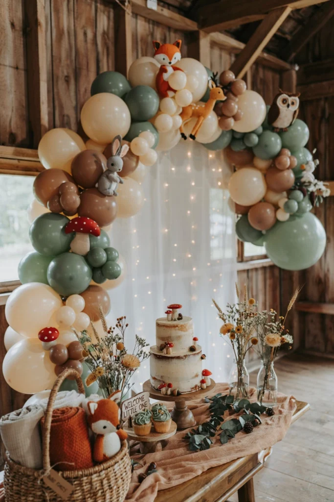 Sage, cream, and brown balloon arch with mushroom and fox accents for a woodland theme