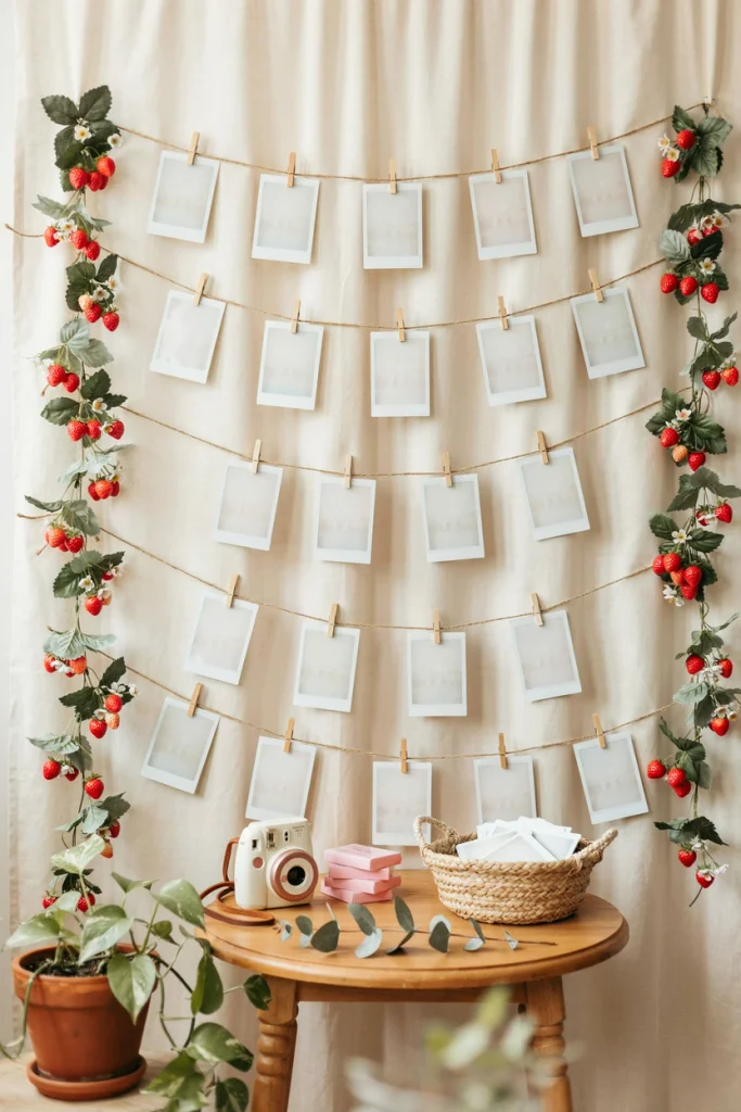 Instant photos clipped to twine and framed by faux berry vines on a wall