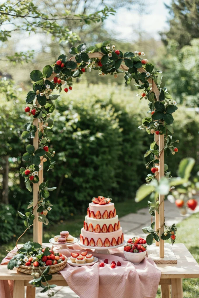 Berry vine garland arch decorated with white flowers over a highchair