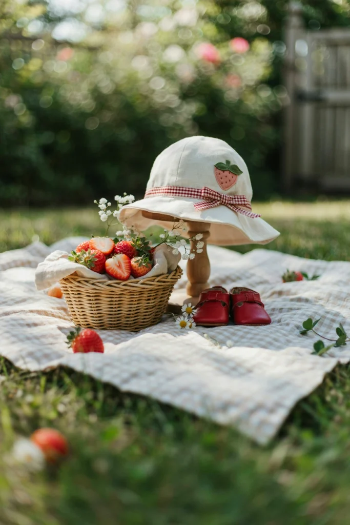Wide-brim baby sunhat trimmed with gingham ribbon and a fabric strawberry
