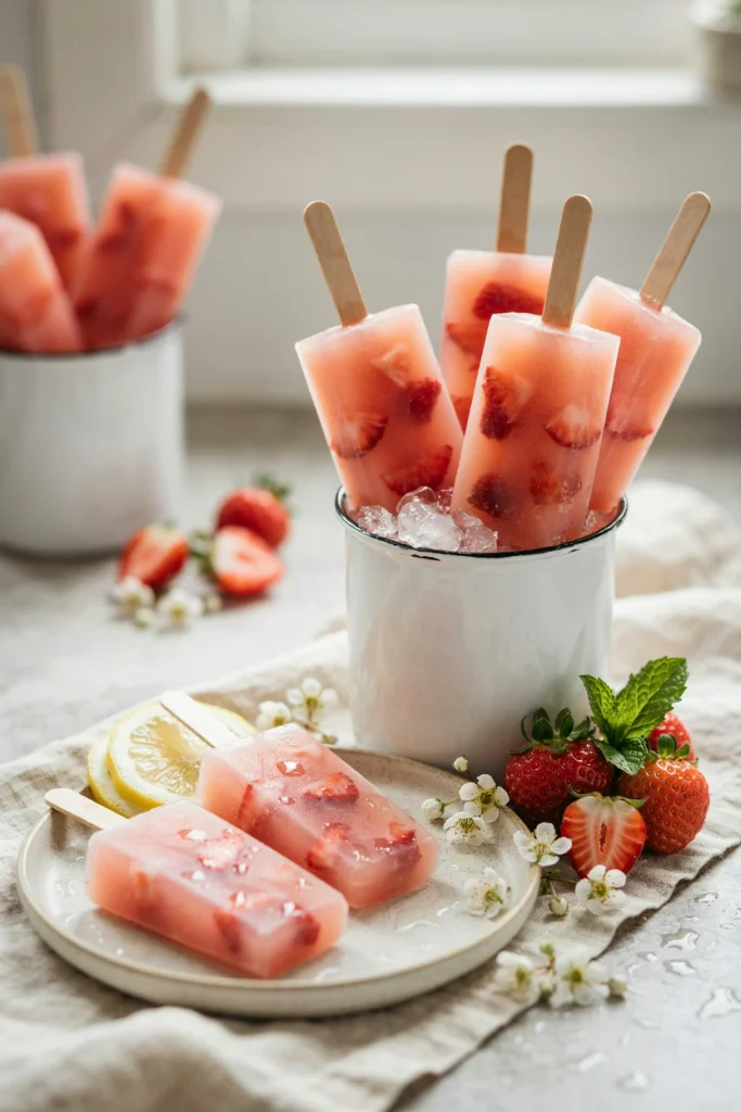 Pink strawberry lemonade popsicles with visible berry chunks