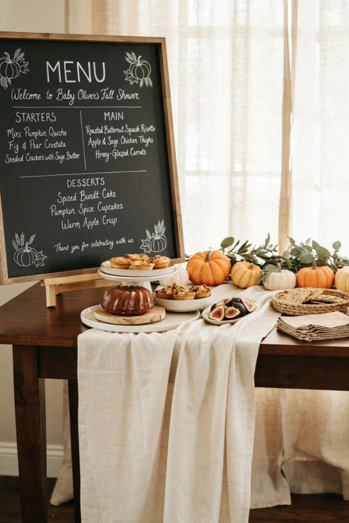 A large chalkboard sign hand-drawn with pumpkins, wheat, and leaves listing the shower's food menu