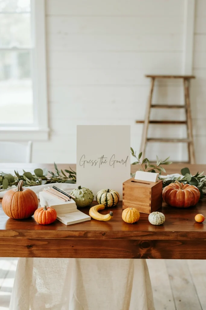 A table with an assortment of pumpkins and gourds of varying sizes and a card asking guests to guess which one matches the baby's expected weight