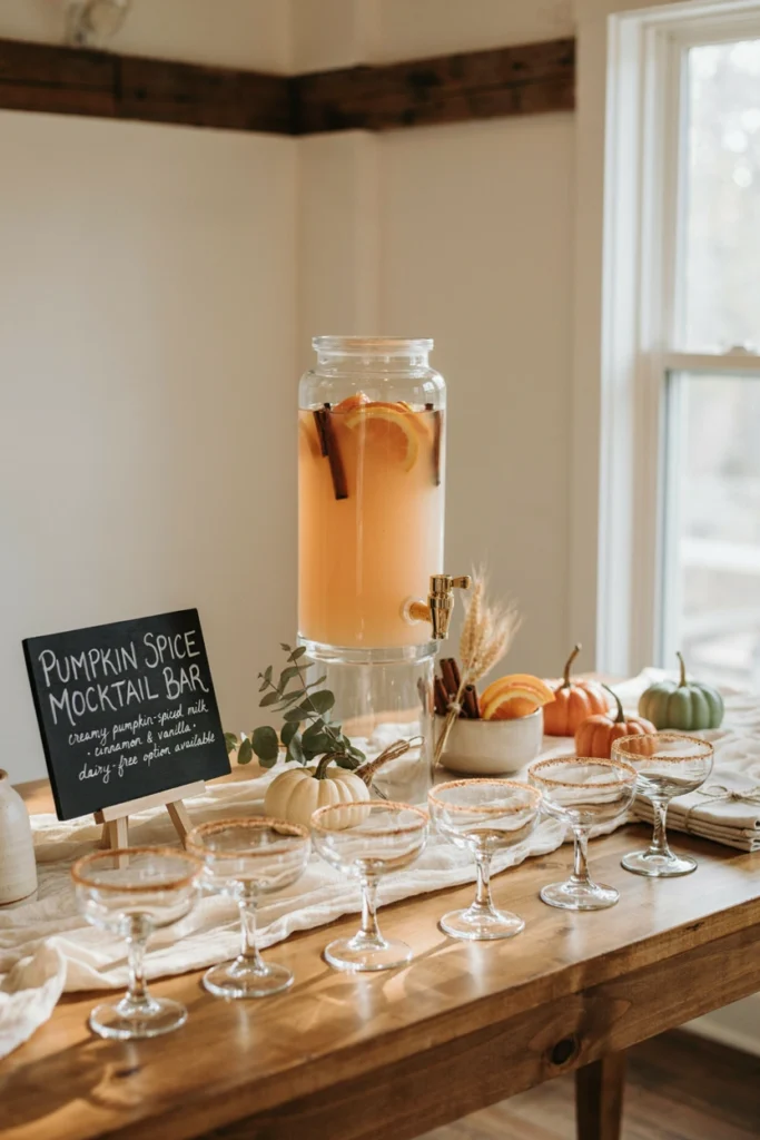 A glass drink dispenser filled with a creamy pumpkin spice mocktail, garnished with cinnamon sticks, next to a chalkboard sign